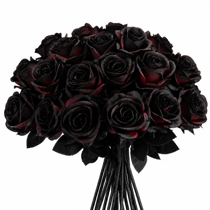 Dark Red & Black Faux Roses - 20" Long Stem Artificial Flowers for Home Decor, Weddings, Parties, Bouquets
