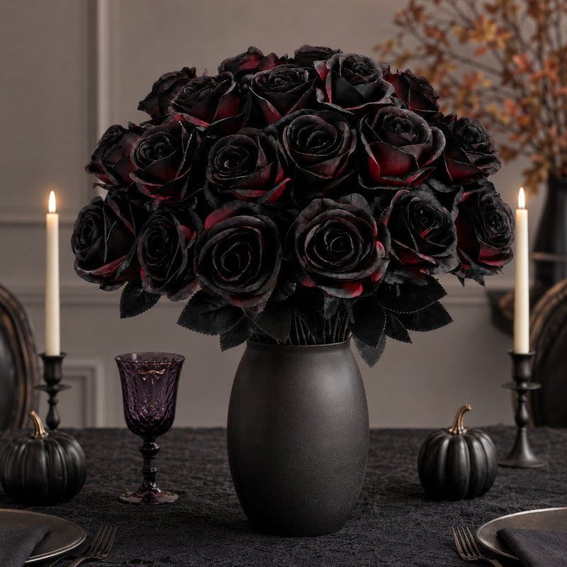 Dark Red & Black Faux Roses - 20" Long Stem Artificial Flowers for Home Decor, Weddings, Parties, Bouquets