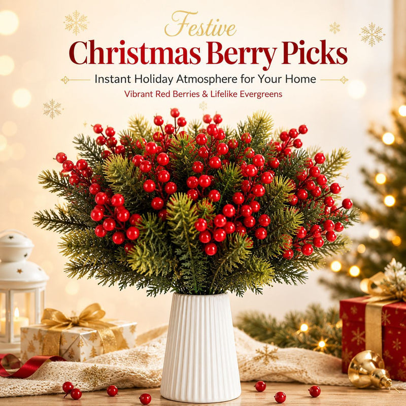 Faux Red Berry Stems, Set of 2 (12" & 14"), Realistic Artificial Christmas Berries for Holiday Vase Filler, Winter Wedding Decor & DIY Home Arrangements