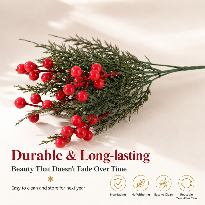 Faux Red Berry Stems, Set of 2 (12" & 14"), Realistic Artificial Christmas Berries for Holiday Vase Filler, Winter Wedding Decor & DIY Home Arrangements