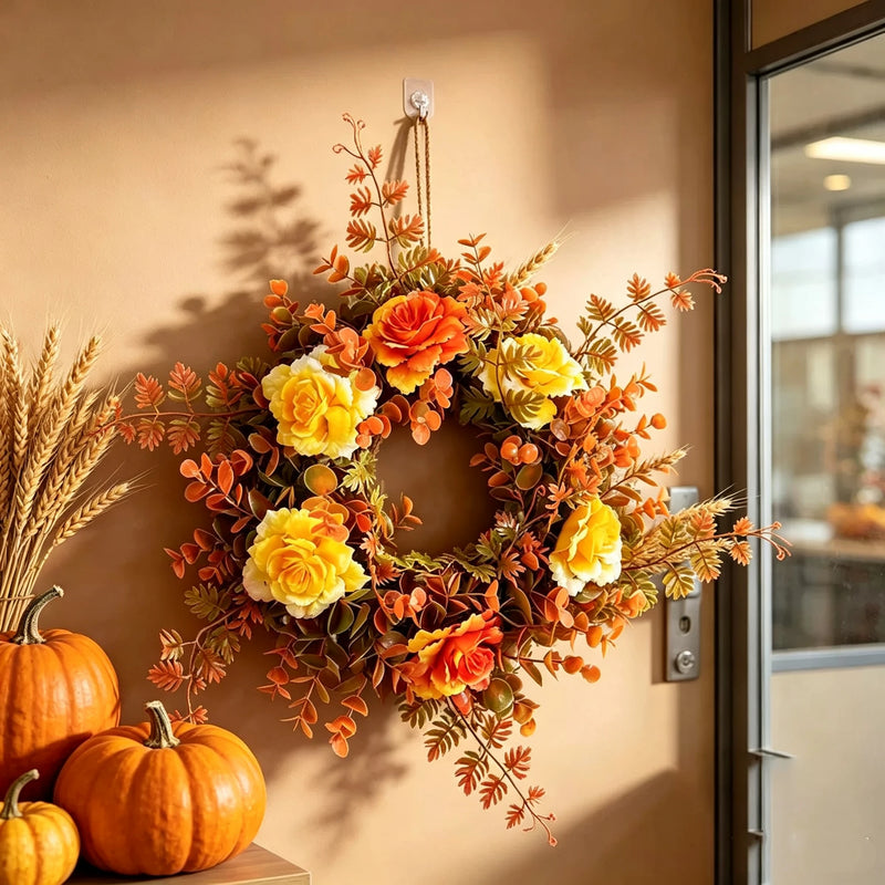 Autumn Rose Eucalyptus Wreath, 12" Real-Touch Floral Decor, Perfect for Front Door, Home Decor, Weddings, and Seasonal Celebrations