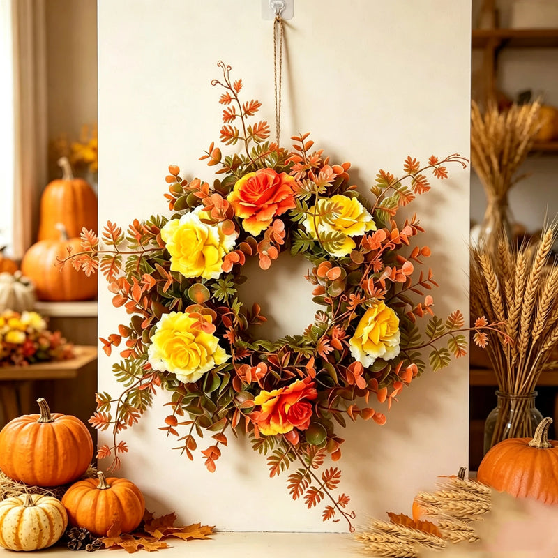 Autumn Rose Eucalyptus Wreath, 12" Real-Touch Floral Decor, Perfect for Front Door, Home Decor, Weddings, and Seasonal Celebrations