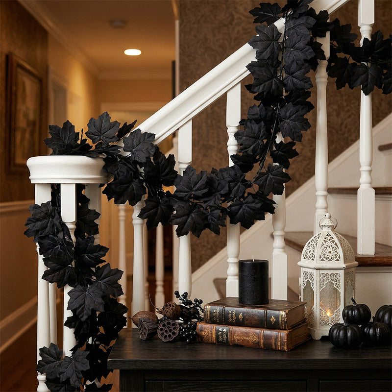 2-Pack Black Maple Leaf Garland, Up to 79" Long Artificial Hanging Vine, Realistic Faux Leaves for Halloween, Gothic Wedding, Thanksgiving Mantel & Wall Decor