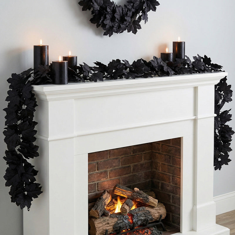 2-Pack Black Maple Leaf Garland, Up to 79" Long Artificial Hanging Vine, Realistic Faux Leaves for Halloween, Gothic Wedding, Thanksgiving Mantel & Wall Decor