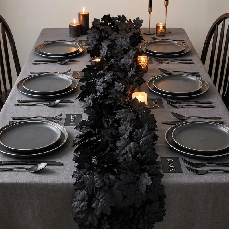 2-Pack Black Maple Leaf Garland, Up to 79" Long Artificial Hanging Vine, Realistic Faux Leaves for Halloween, Gothic Wedding, Thanksgiving Mantel & Wall Decor