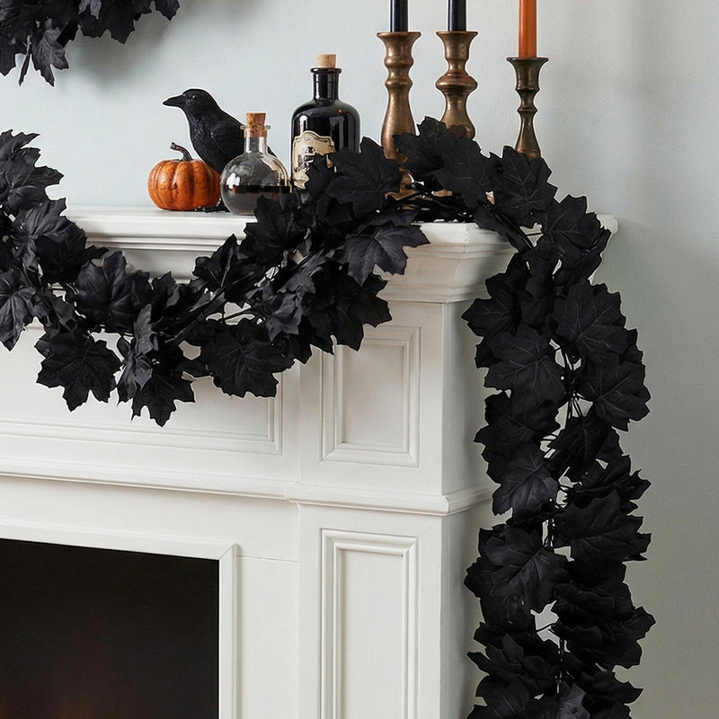 2-Pack Black Maple Leaf Garland, Up to 79" Long Artificial Hanging Vine, Realistic Faux Leaves for Halloween, Gothic Wedding, Thanksgiving Mantel & Wall Decor