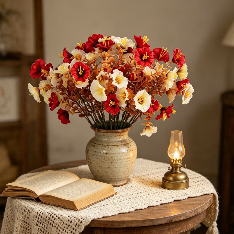 16-Head Fall Morning Glory Artificial Flowers, 14" Lifelike Faux Floral Arrangement, Perfect for Home Decor, Weddings, Events, and Seasonal Displays