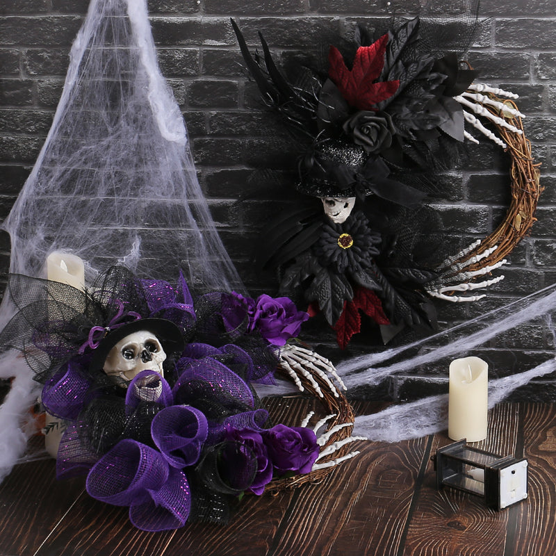 Halloween Skull Wreath with Webbing, 18" Red & 16" Purple, Realistic Touch, Perfect for Parties, Home Decor, Weddings, and Seasonal Displays
