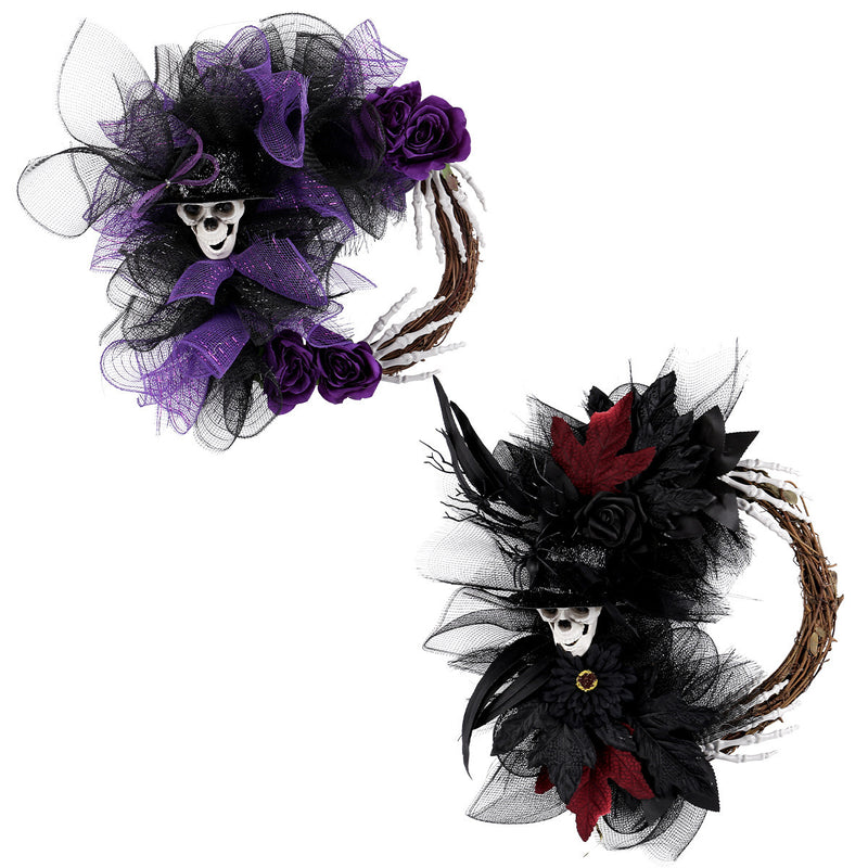 Halloween Skull Wreath with Webbing, 18" Red & 16" Purple, Realistic Touch, Perfect for Parties, Home Decor, Weddings, and Seasonal Displays