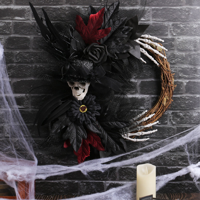 Halloween Skull Wreath with Webbing, 18" Red & 16" Purple, Realistic Touch, Perfect for Parties, Home Decor, Weddings, and Seasonal Displays