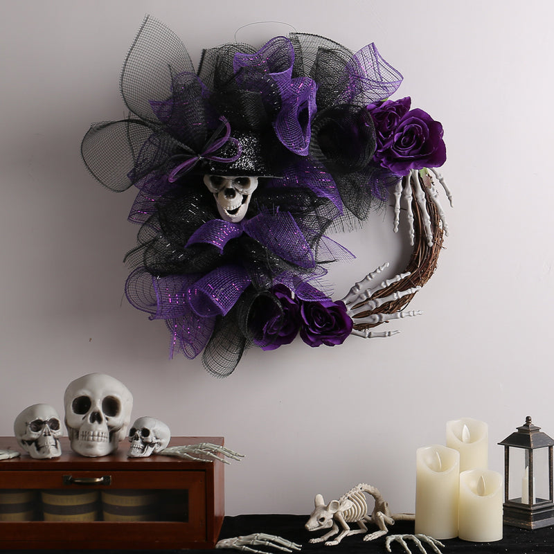 Halloween Skull Wreath with Webbing, 18" Red & 16" Purple, Realistic Touch, Perfect for Parties, Home Decor, Weddings, and Seasonal Displays