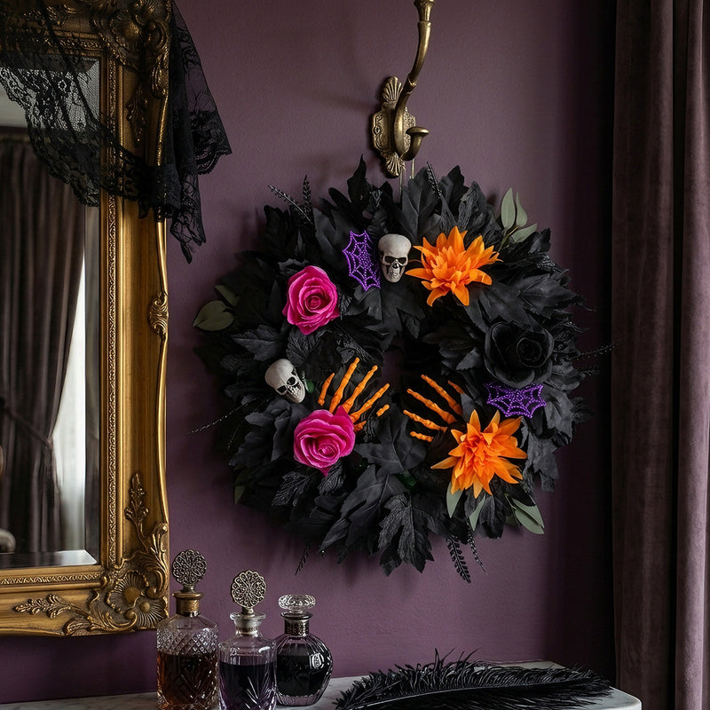 Halloween Black Leaf Floral Wreath, 20" Real-Touch Fall Decor, Perfect for Home, Weddings, Parties, and Seasonal Displays