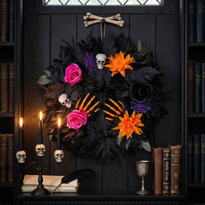 Halloween Black Leaf Floral Wreath, 20" Real-Touch Fall Decor, Perfect for Home, Weddings, Parties, and Seasonal Displays