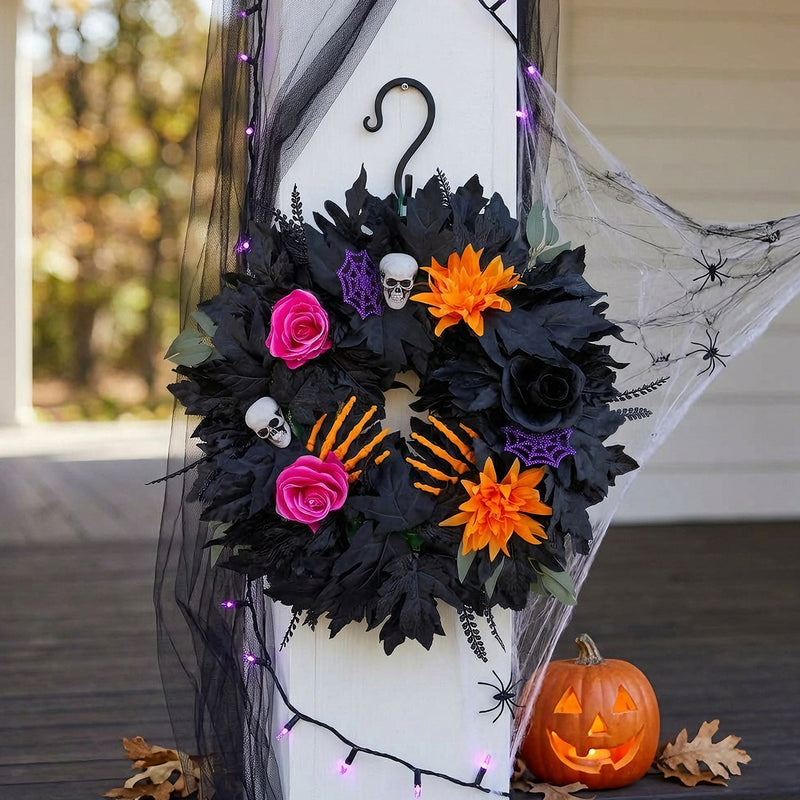 Halloween Black Leaf Floral Wreath, 20" Real-Touch Fall Decor, Perfect for Home, Weddings, Parties, and Seasonal Displays