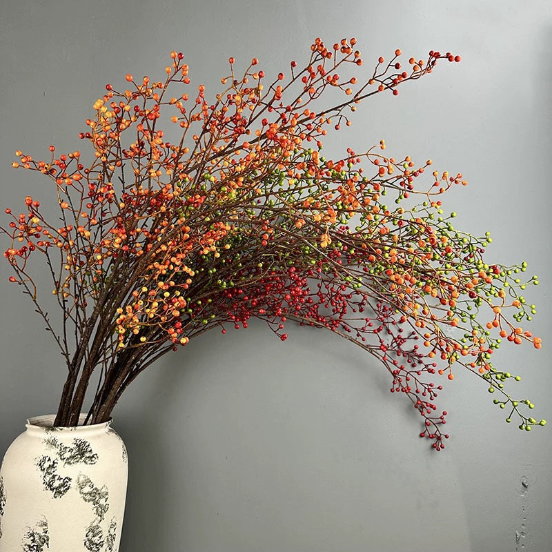 45" Lifelike Autumn Berry Stems, Long Faux Berry Branch in Red, Orange & Green, Realistic Vase Filler for Fall Home Decor, Thanksgiving & Rustic Wedding Arrangements