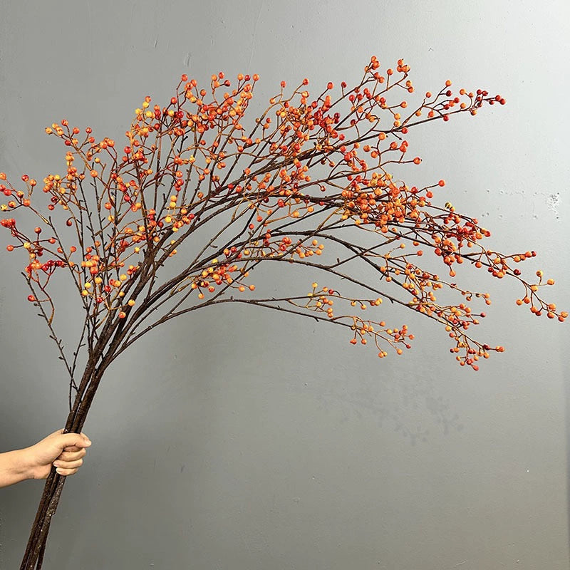 45" Lifelike Autumn Berry Stems, Long Faux Berry Branch in Red, Orange & Green, Realistic Vase Filler for Fall Home Decor, Thanksgiving & Rustic Wedding Arrangements