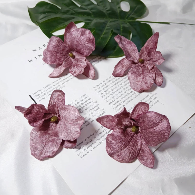 Set of 5 Lush Velvet Orchid Blooms, 3.5" Artificial Flower Heads, Realistic Craft Supplies for Wedding Planners, DIY Home Decor & Event Design