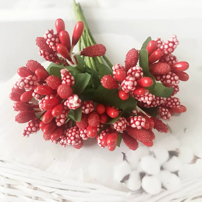 12-Stem Faux Berry Picks Bunch, 3.5" Realistic Mini Berry Clusters with Leaves for DIY Wreaths, Wedding Decor, Vase Filler & Holiday Crafts