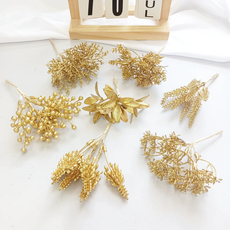 Gilded Christmas Pine Pick, 8" Realistic Cedar Stem, Gold Tipped Faux Greenery for Holiday Wreaths, DIY Crafts & Winter Decor