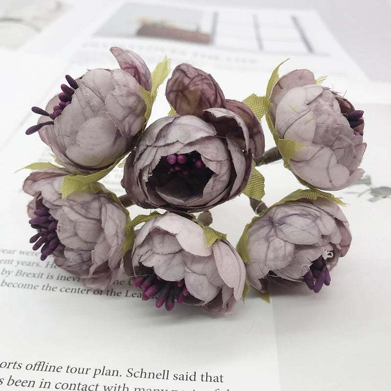 Mini Faux Flower Bud Bouquet, 6-Stem 4.5" Realistic Small Flowers for DIY Crafts, Wedding Corsages, Gift Toppers & Home Decor Accents
