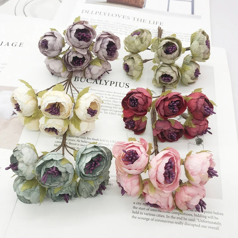 Mini Faux Flower Bud Bouquet, 6-Stem 4.5" Realistic Small Flowers for DIY Crafts, Wedding Corsages, Gift Toppers & Home Decor Accents