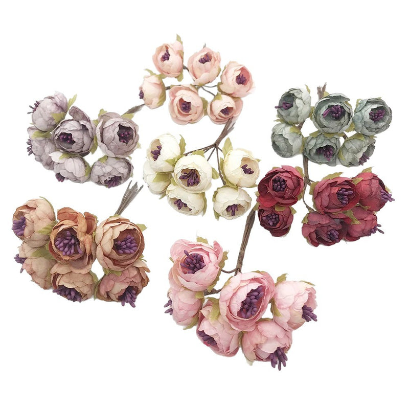 Mini Faux Flower Bud Bouquet, 6-Stem 4.5" Realistic Small Flowers for DIY Crafts, Wedding Corsages, Gift Toppers & Home Decor Accents