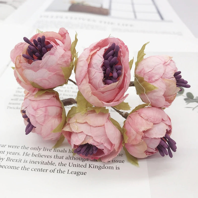 Mini Faux Flower Bud Bouquet, 6-Stem 4.5" Realistic Small Flowers for DIY Crafts, Wedding Corsages, Gift Toppers & Home Decor Accents