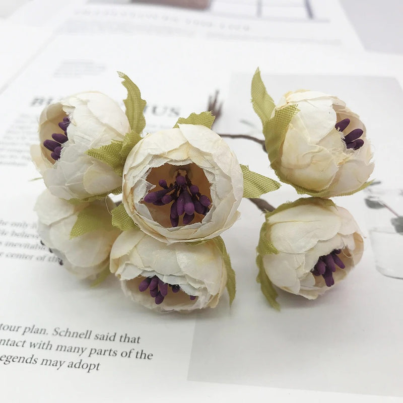 Mini Faux Flower Bud Bouquet, 6-Stem 4.5" Realistic Small Flowers for DIY Crafts, Wedding Corsages, Gift Toppers & Home Decor Accents