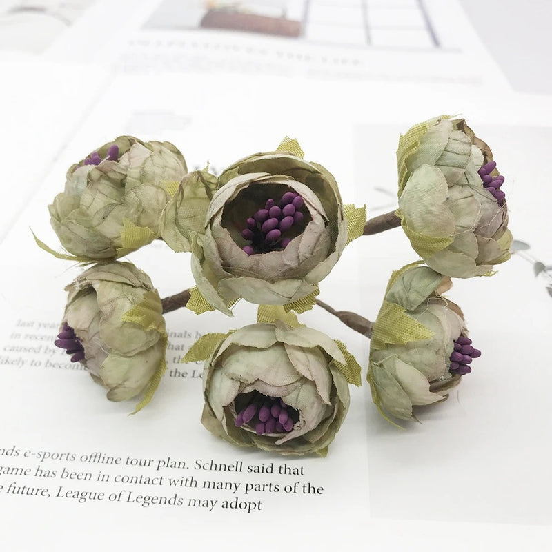 Mini Faux Flower Bud Bouquet, 6-Stem 4.5" Realistic Small Flowers for DIY Crafts, Wedding Corsages, Gift Toppers & Home Decor Accents