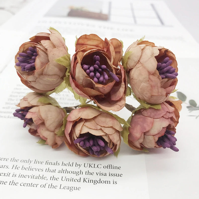 Mini Faux Flower Bud Bouquet, 6-Stem 4.5" Realistic Small Flowers for DIY Crafts, Wedding Corsages, Gift Toppers & Home Decor Accents