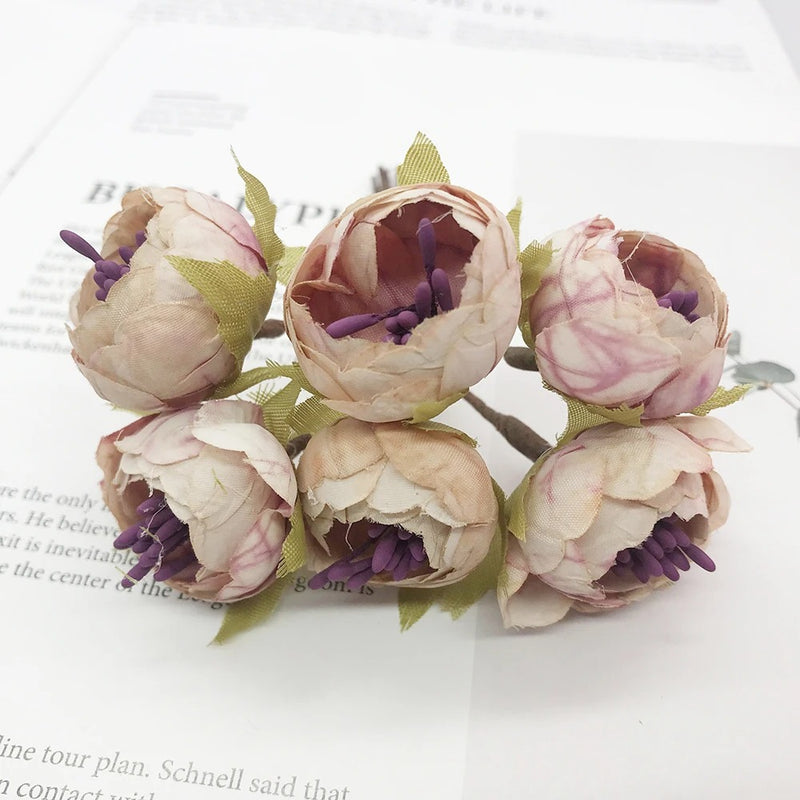 Mini Faux Flower Bud Bouquet, 6-Stem 4.5" Realistic Small Flowers for DIY Crafts, Wedding Corsages, Gift Toppers & Home Decor Accents