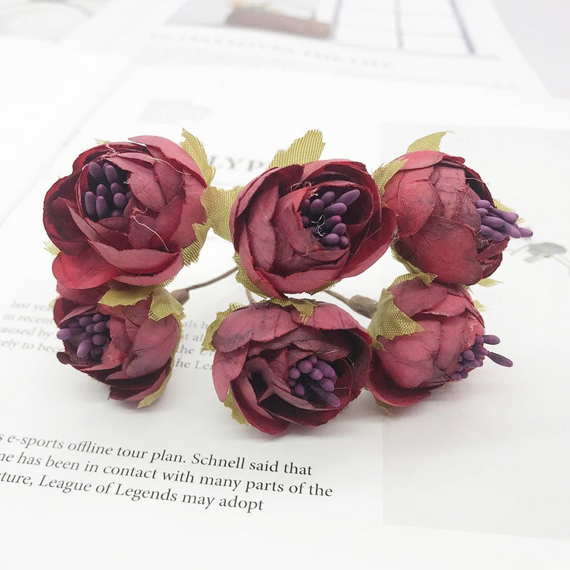 Mini Faux Flower Bud Bouquet, 6-Stem 4.5" Realistic Small Flowers for DIY Crafts, Wedding Corsages, Gift Toppers & Home Decor Accents
