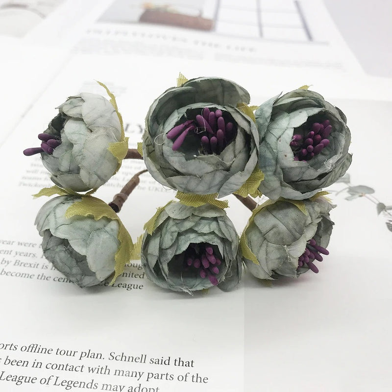 Mini Faux Flower Bud Bouquet, 6-Stem 4.5" Realistic Small Flowers for DIY Crafts, Wedding Corsages, Gift Toppers & Home Decor Accents