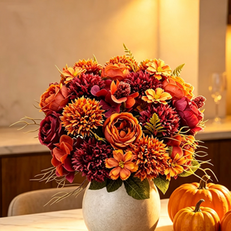 Set of 3 Autumn Rose & Mum Bouquets, 13" Realistic Silk Flowers, Rustic Fall Arrangement for Home Decor, Vase Filler, DIY Wedding, Farmhouse
