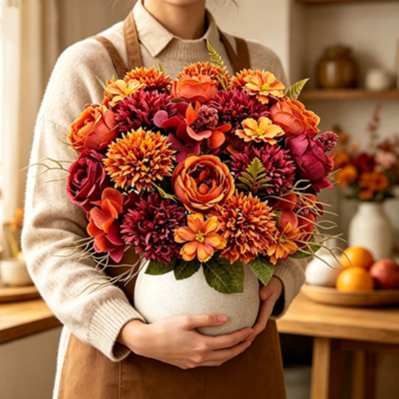 Set of 3 Autumn Rose & Mum Bouquets, 13" Realistic Silk Flowers, Rustic Fall Arrangement for Home Decor, Vase Filler, DIY Wedding, Farmhouse