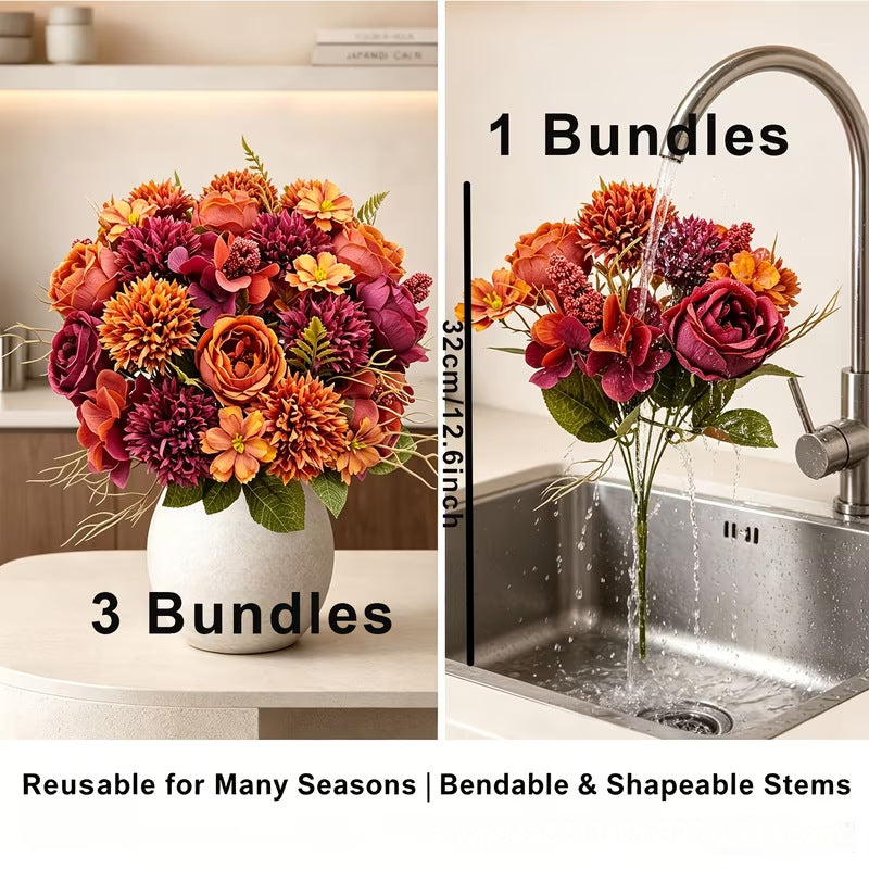 Set of 3 Autumn Rose & Mum Bouquets, 13" Realistic Silk Flowers, Rustic Fall Arrangement for Home Decor, Vase Filler, DIY Wedding, Farmhouse