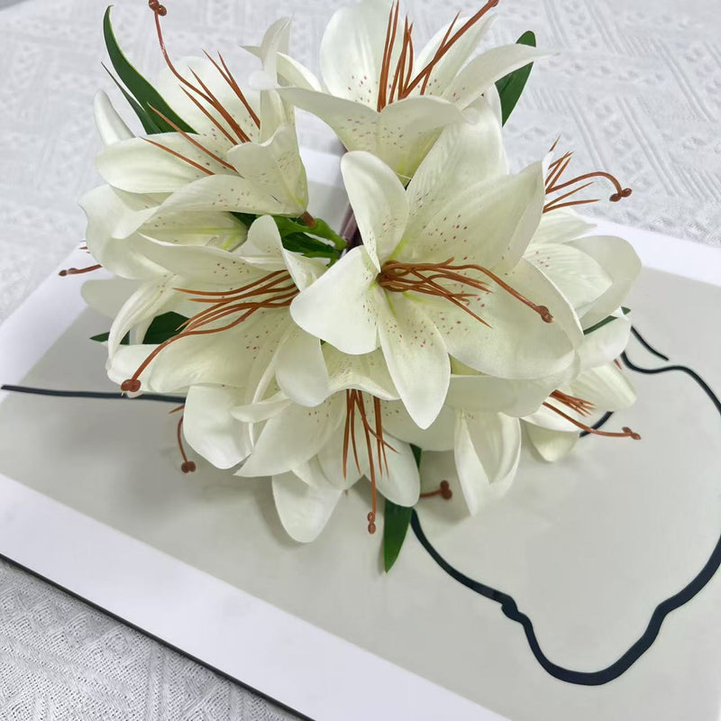 Lifelike Faux Lily Bouquet, 12" Tall Silk Lilies, Realistic Artificial Flowers for Home Decor Centerpiece, Wedding, DIY & Vase Arrangement