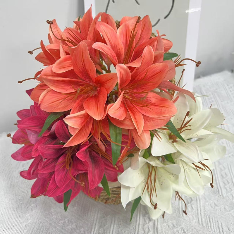 Lifelike Faux Lily Bouquet, 12" Tall Silk Lilies, Realistic Artificial Flowers for Home Decor Centerpiece, Wedding, DIY & Vase Arrangement