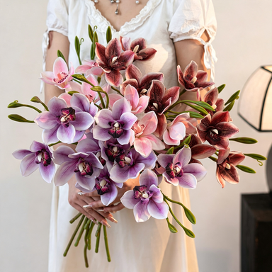 Lifelike Cymbidium Orchid Stem, 22" Tall Faux Flower, Realistic Long Stem for Tall Vases, Wedding Bouquets, DIY Floral Arrangements, Home Decor