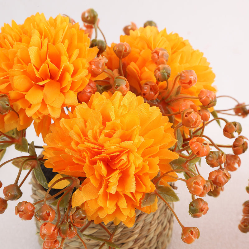 Set of 2 Artificial Autumn Ping Pong Mums, 5.5" Potted Faux Chrysanthemums in Woven Pot, Rustic Floral Decor for Home, Office, Wedding