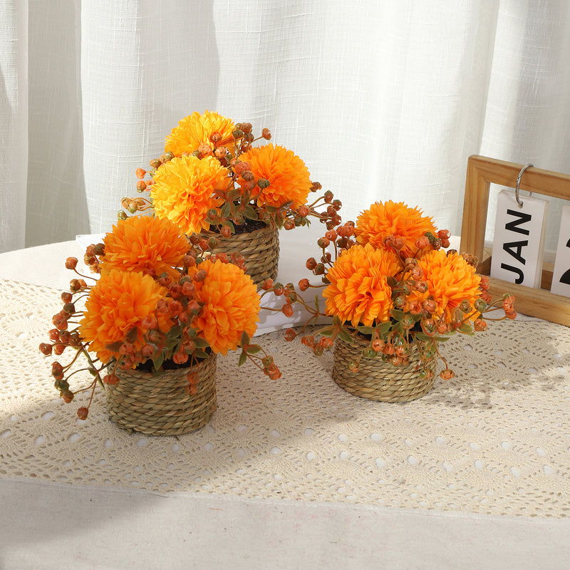 Set of 2 Artificial Autumn Ping Pong Mums, 5.5" Potted Faux Chrysanthemums in Woven Pot, Rustic Floral Decor for Home, Office, Wedding