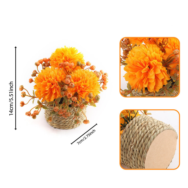 Set of 2 Artificial Autumn Ping Pong Mums, 5.5" Potted Faux Chrysanthemums in Woven Pot, Rustic Floral Decor for Home, Office, Wedding