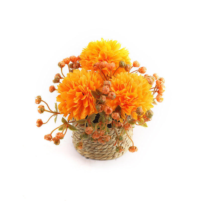 Set of 2 Artificial Autumn Ping Pong Mums, 5.5" Potted Faux Chrysanthemums in Woven Pot, Rustic Floral Decor for Home, Office, Wedding