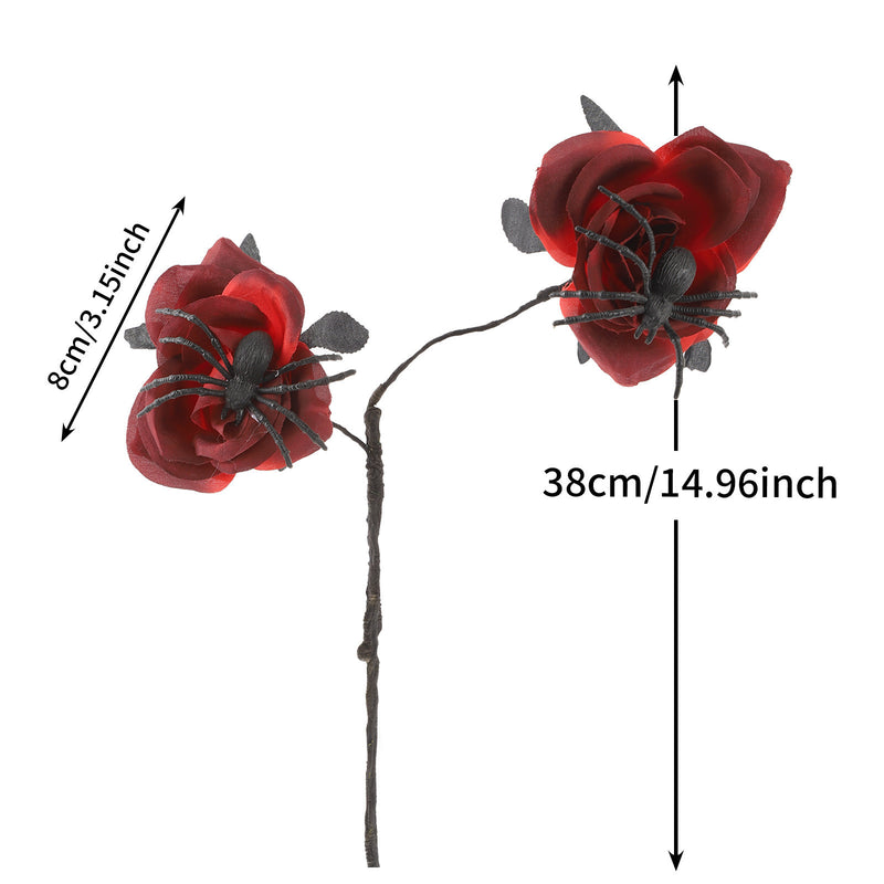 Black Spider Red Rose Faux Flowers, 15" Silk Gothic Decor for Halloween, Weddings, Parties, and Home Styling