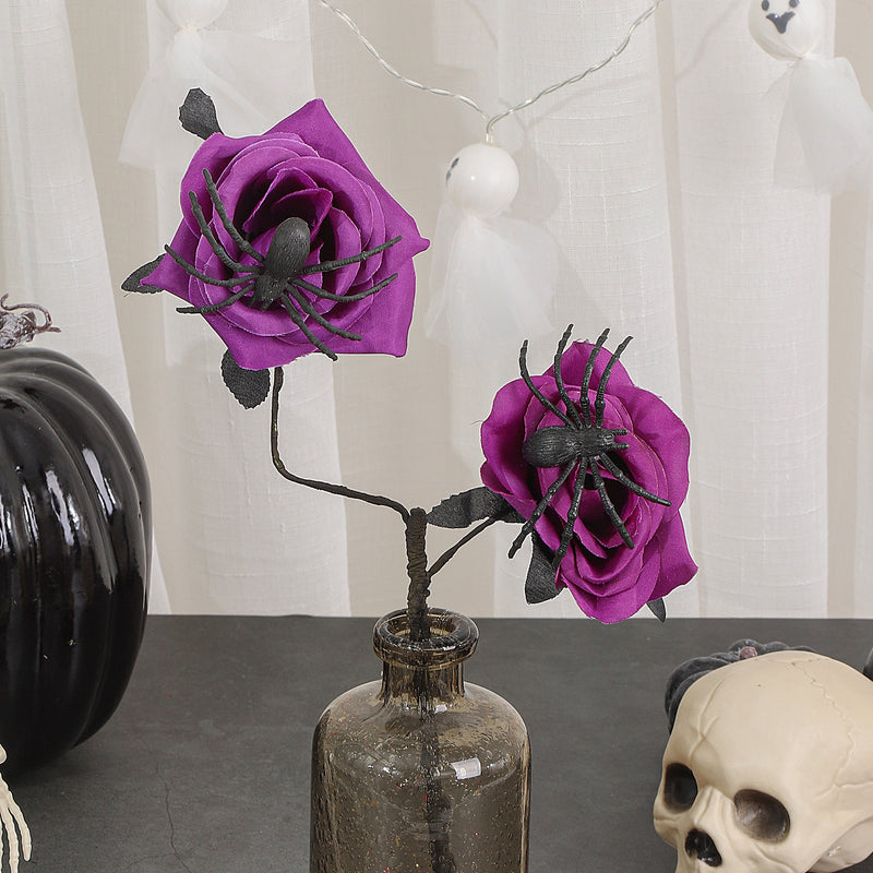 Black Spider Red Rose Faux Flowers, 15" Silk Gothic Decor for Halloween, Weddings, Parties, and Home Styling
