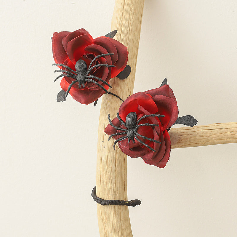 Black Spider Red Rose Faux Flowers, 15" Silk Gothic Decor for Halloween, Weddings, Parties, and Home Styling