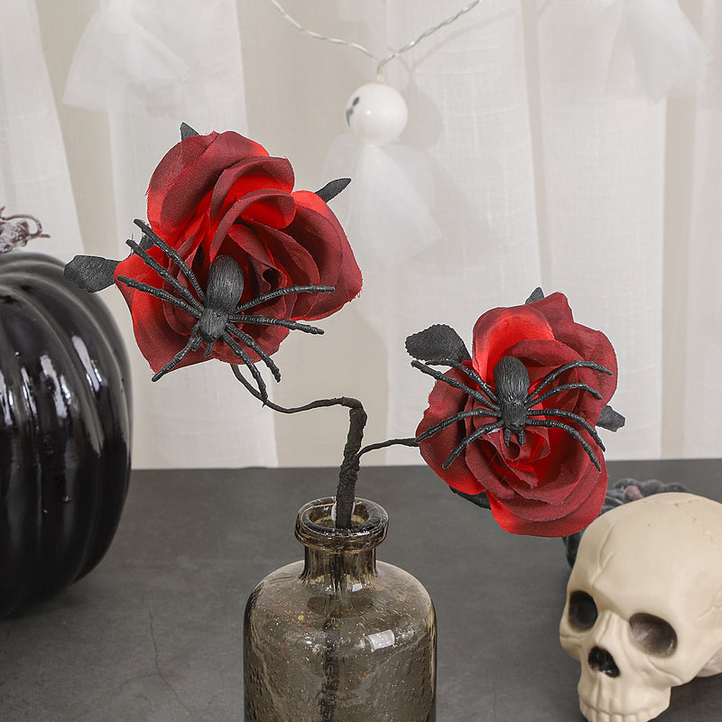 Black Spider Red Rose Faux Flowers, 15" Silk Gothic Decor for Halloween, Weddings, Parties, and Home Styling