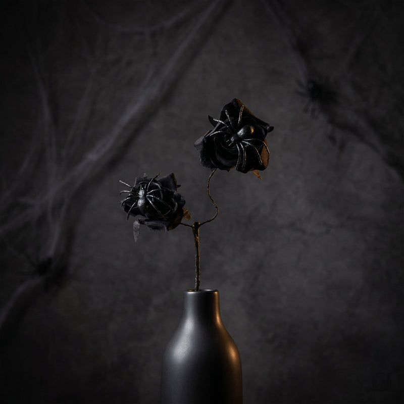 Black Spider Red Rose Faux Flowers, 15" Silk Gothic Decor for Halloween, Weddings, Parties, and Home Styling