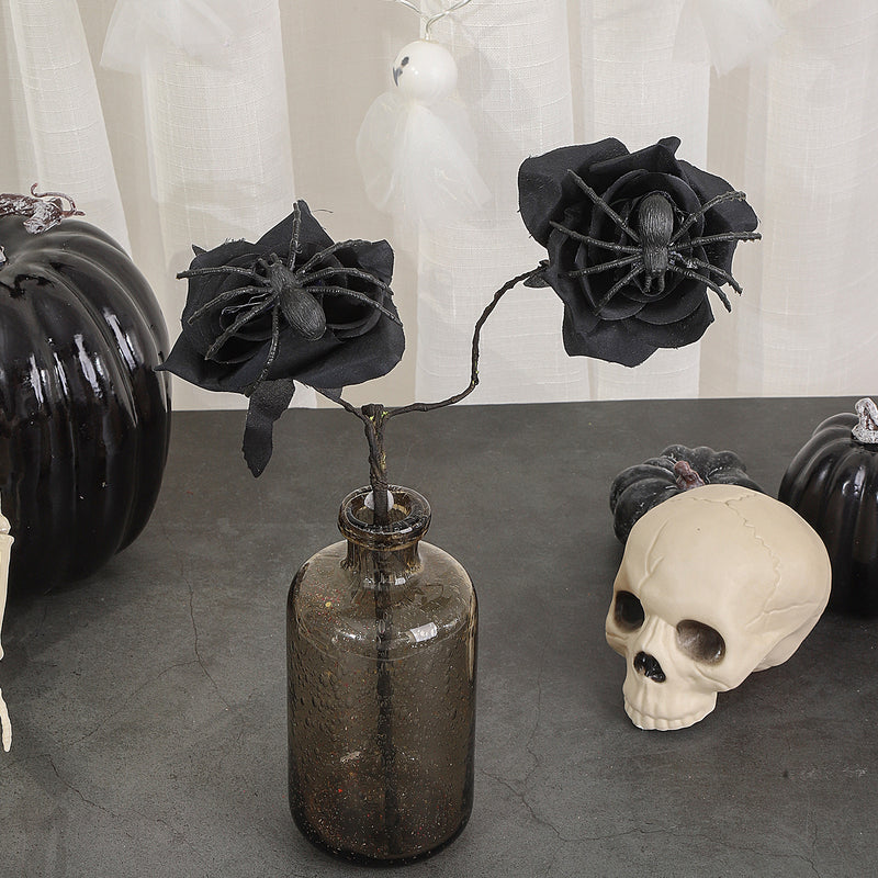 Black Spider Red Rose Faux Flowers, 15" Silk Gothic Decor for Halloween, Weddings, Parties, and Home Styling
