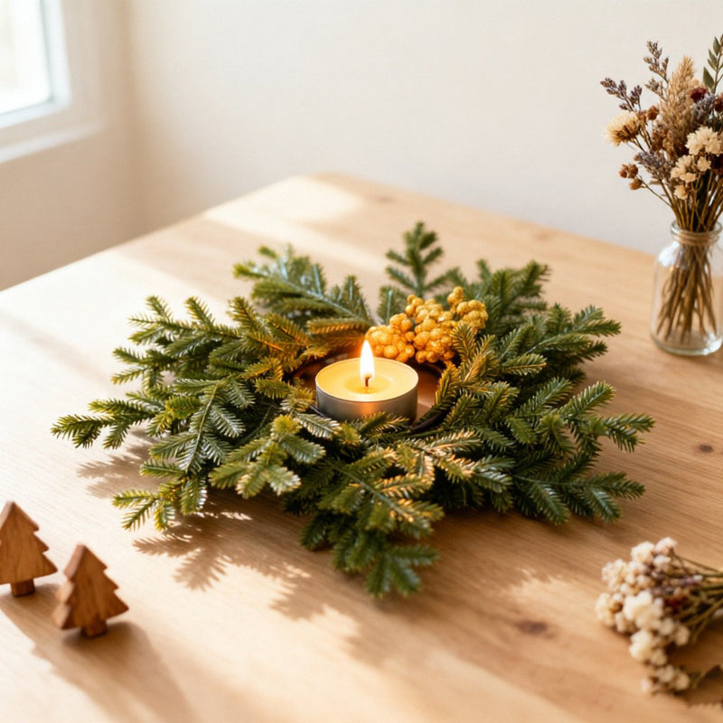 Christmas Wreath Candle Holder, Dual-Tone Noble Fir with Pine Needles, 6-Inch Holiday Decor for Home, Weddings, and Events